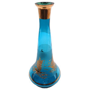 Vintage Aqua Blue Bohemian Glass Gold Ringed Decanter Liquior Bottle 12" Tall